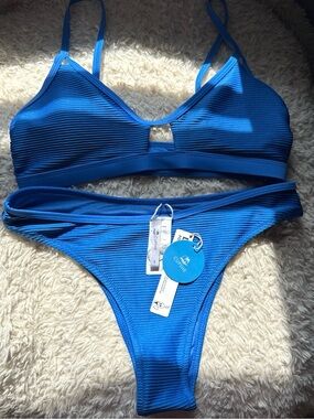 Cupshe Electric Blue Ribbed Bralette Bikini